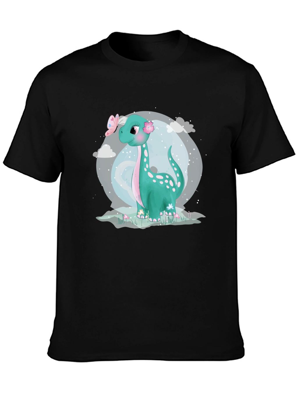 Cute Dinosaur Graphic Tee - Black Cotton T-Shirt