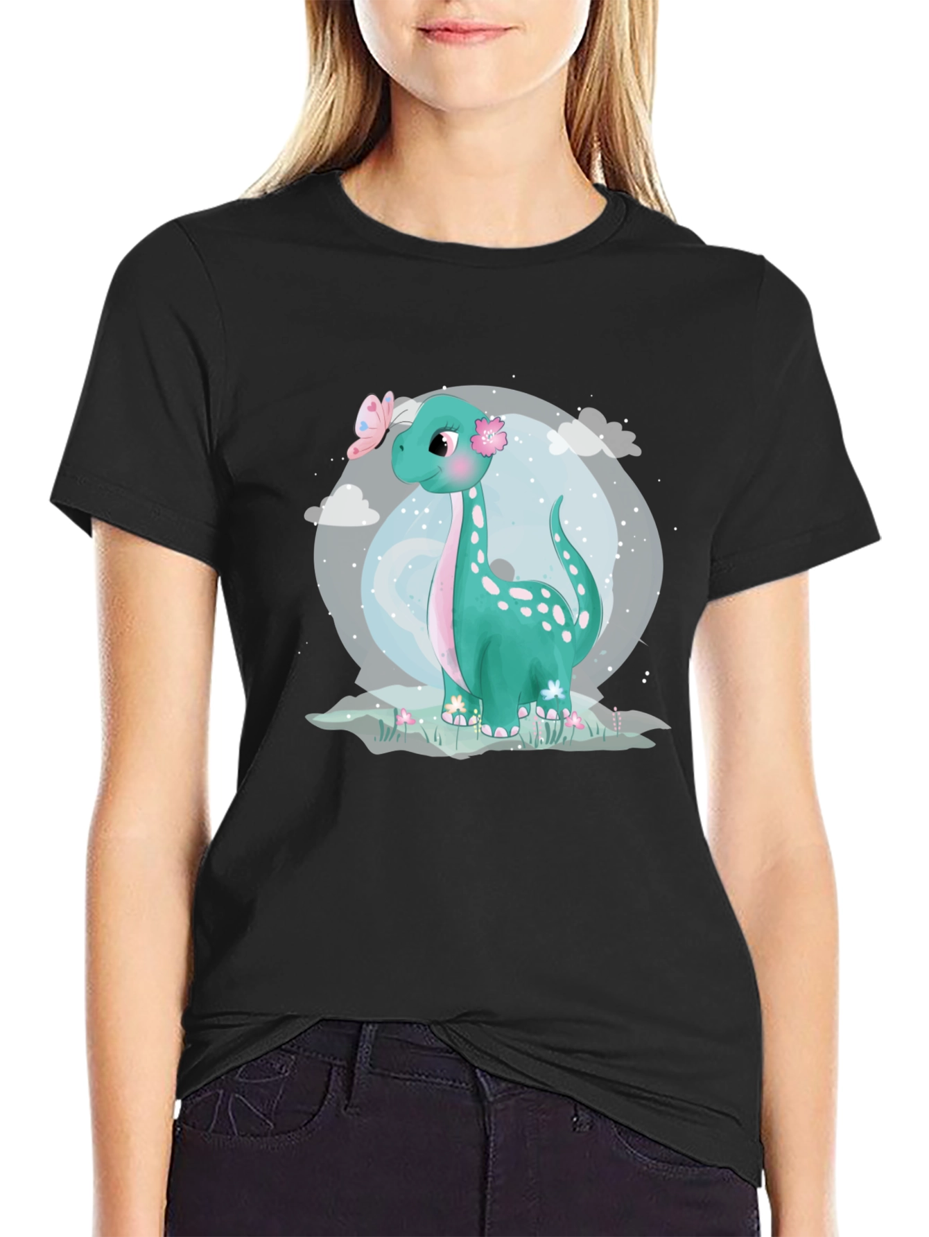 Cute Dinosaur Graphic Tee - Black Cotton T-Shirt