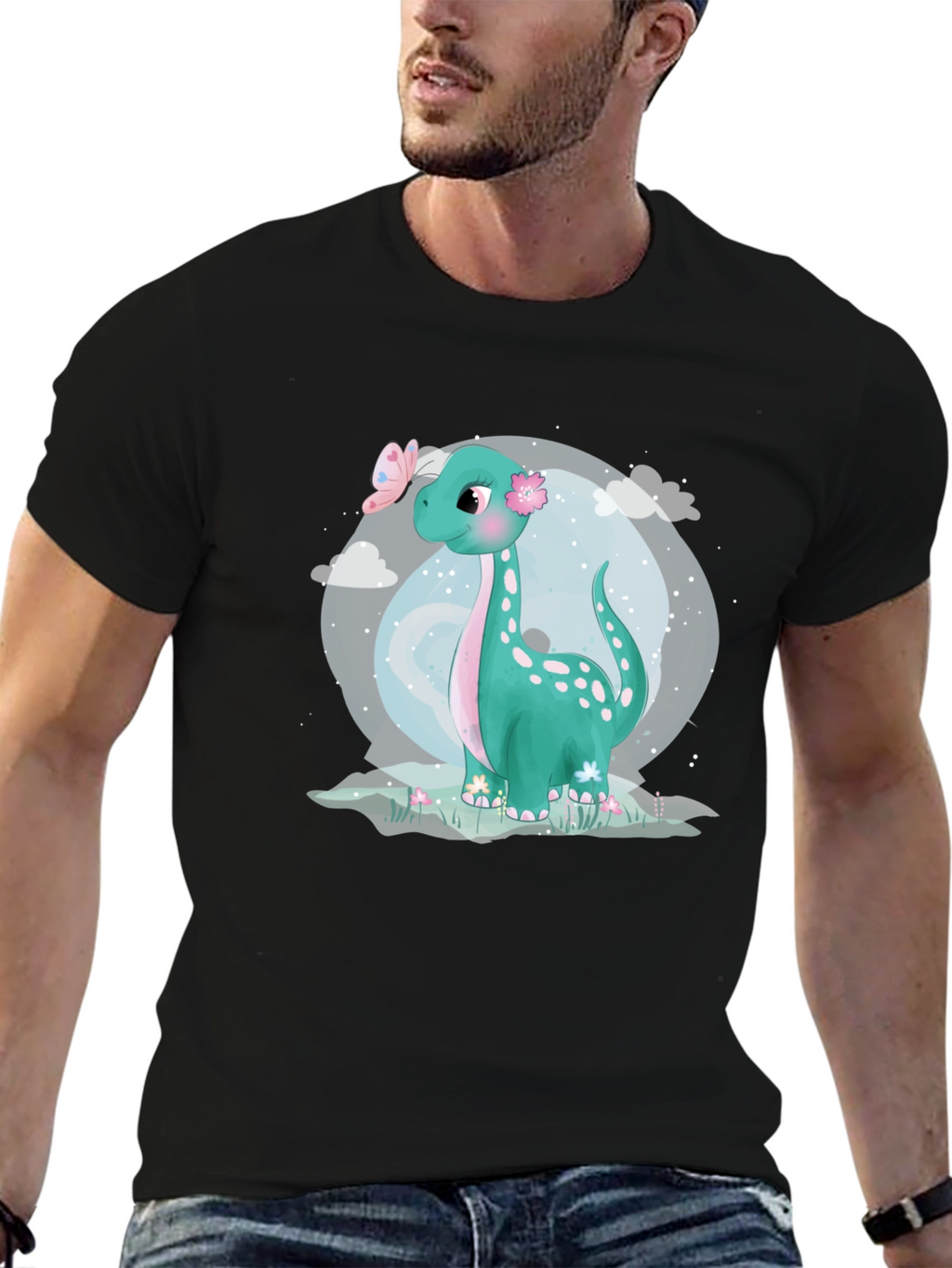 Cute Dinosaur Graphic Tee - Black Cotton T-Shirt