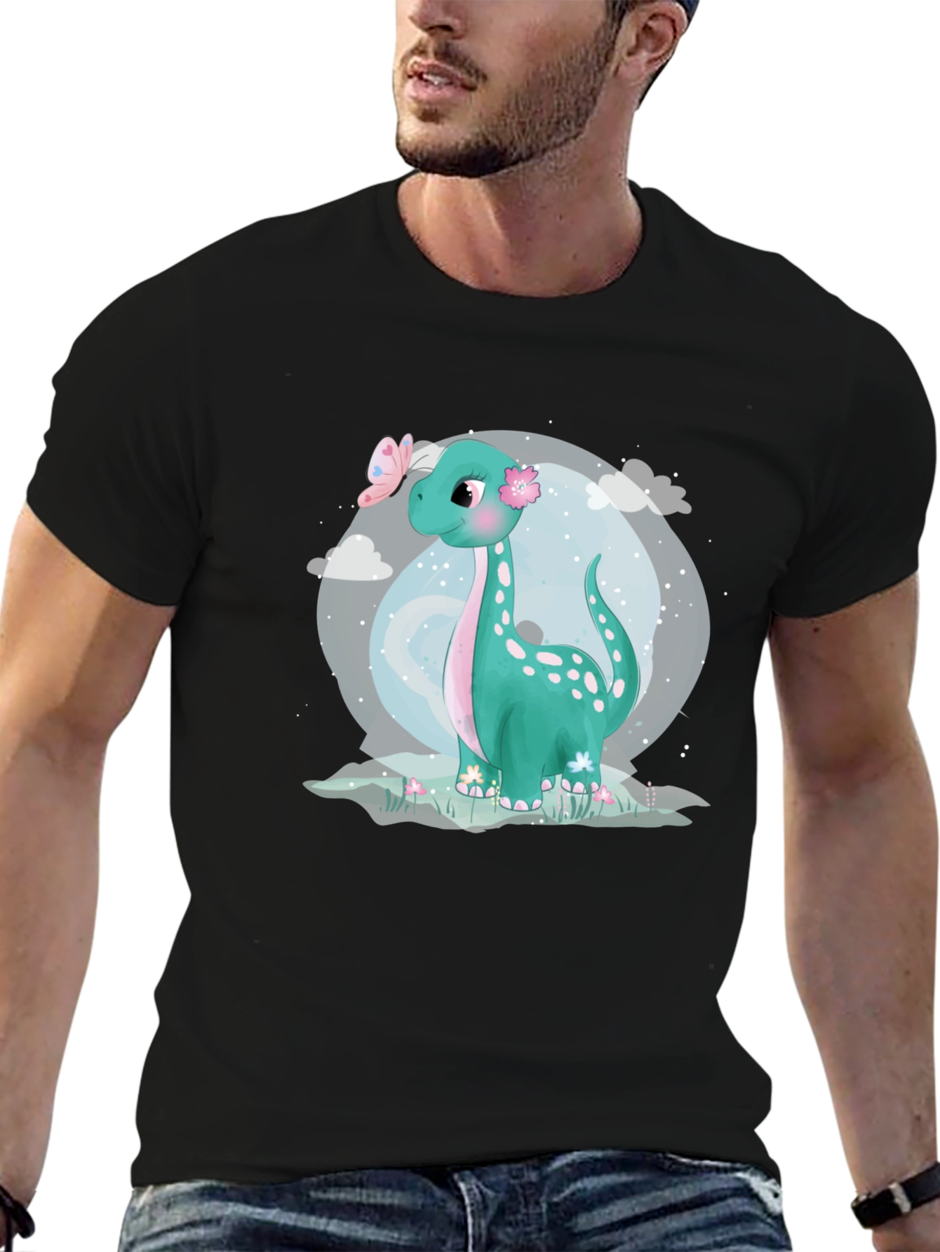 Cute Dinosaur Graphic Tee - Black Cotton T-Shirt