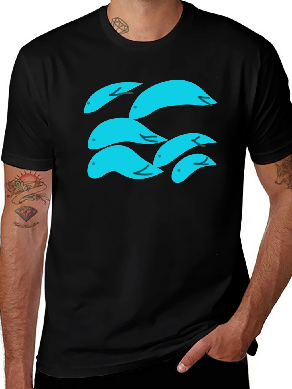 Whimsical Aqua Fish Graphic Tee - Soft Black Cotton