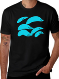 Whimsical Aqua Fish Graphic Tee - Soft Black Cotton