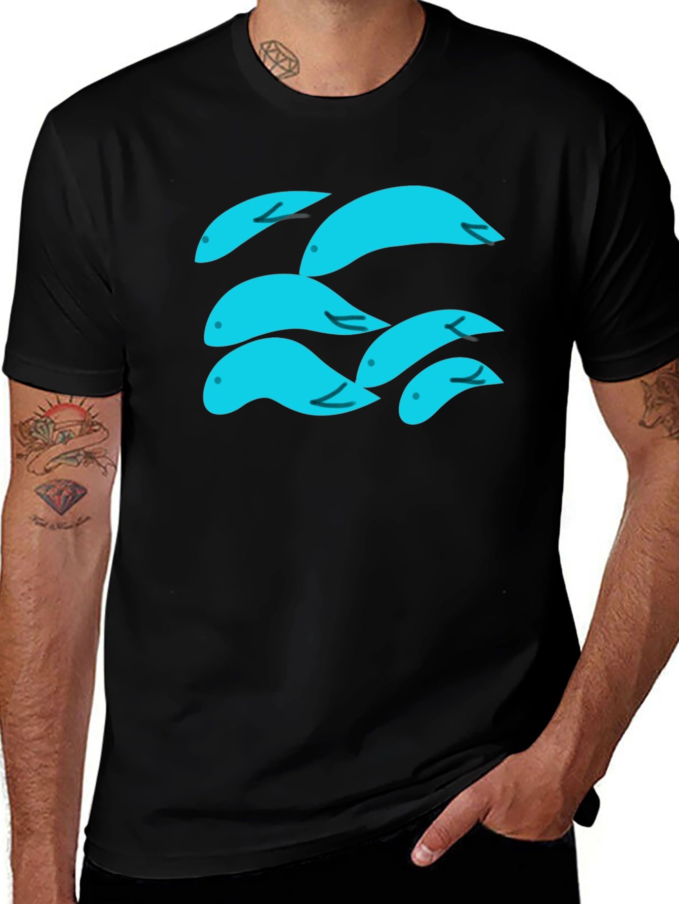 Whimsical Aqua Fish Graphic Tee - Soft Black Cotton