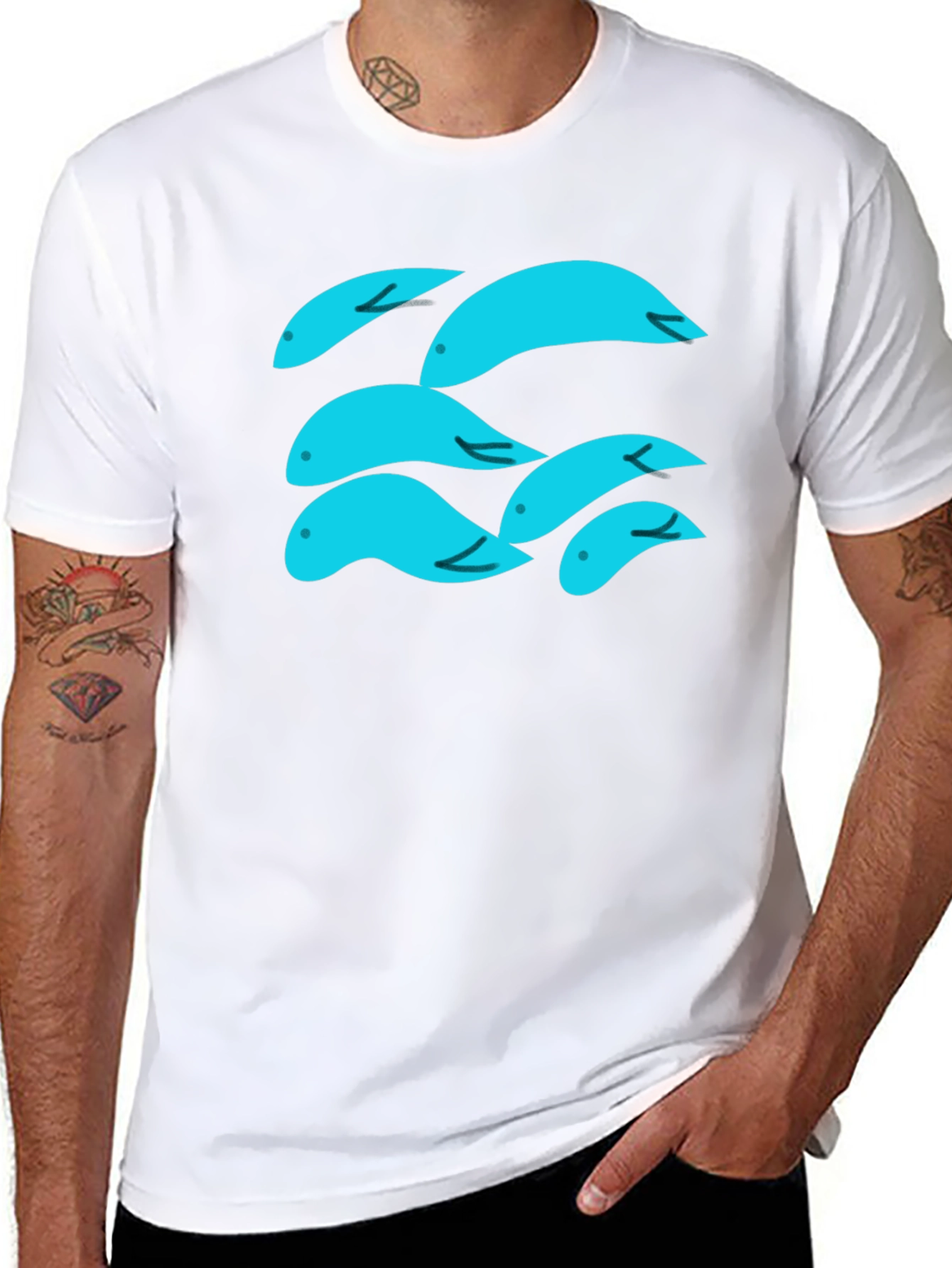 Whimsical Aqua Fish Graphic Tee - Soft Black Cotton