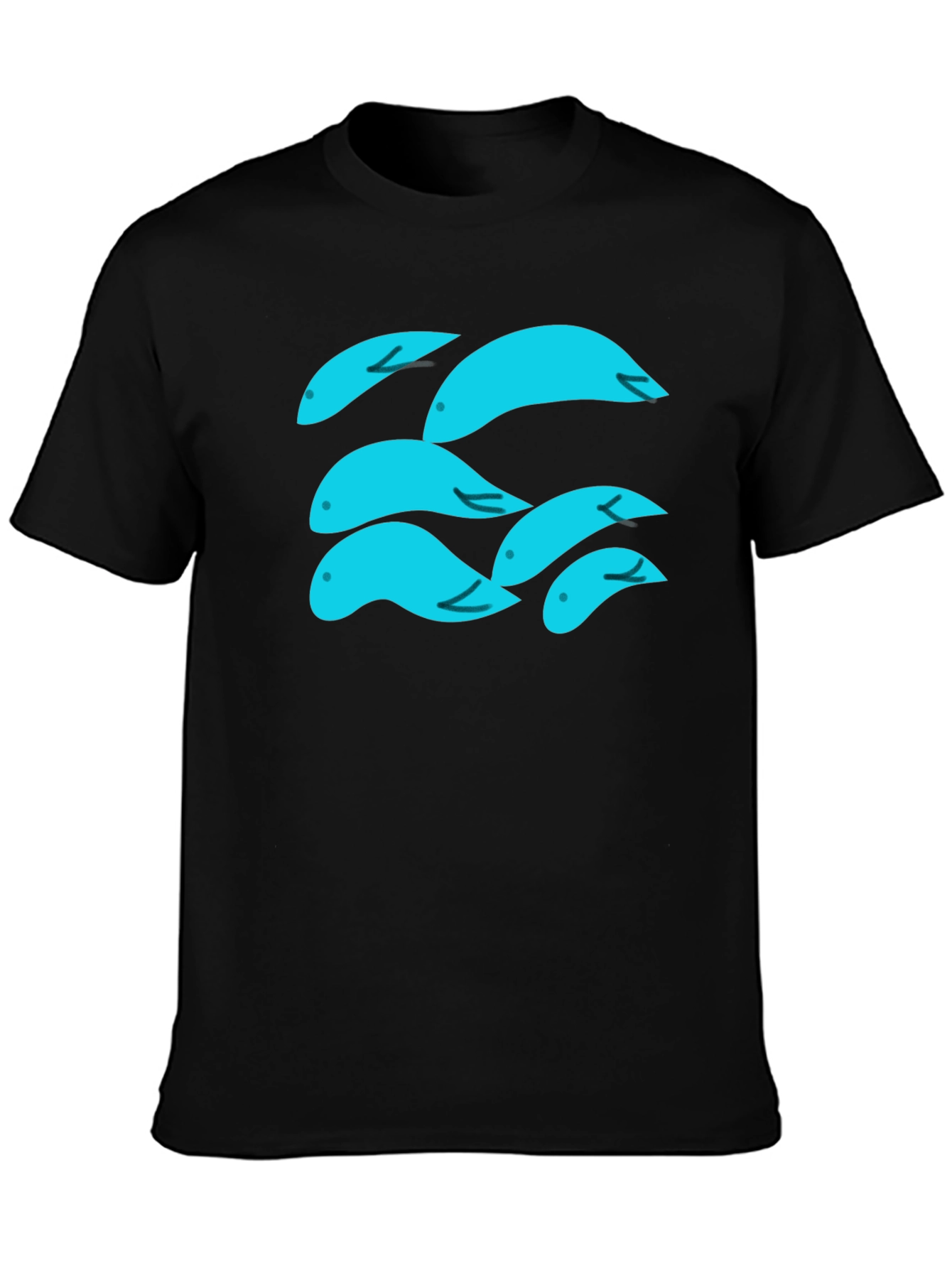 Whimsical Aqua Fish Graphic Tee - Soft Black Cotton