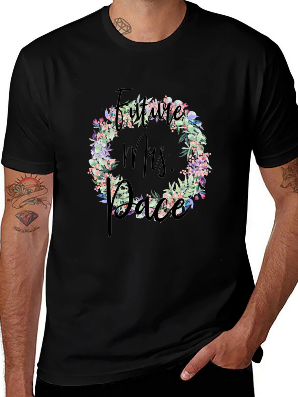 Future Mrs. Race Floral Wreath Black T-Shirt