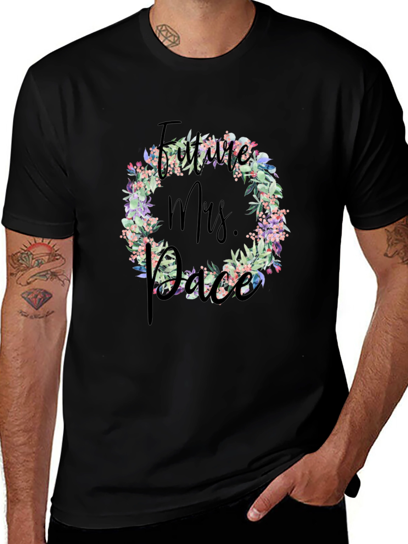 Future Mrs. Race Floral Wreath Black T-Shirt