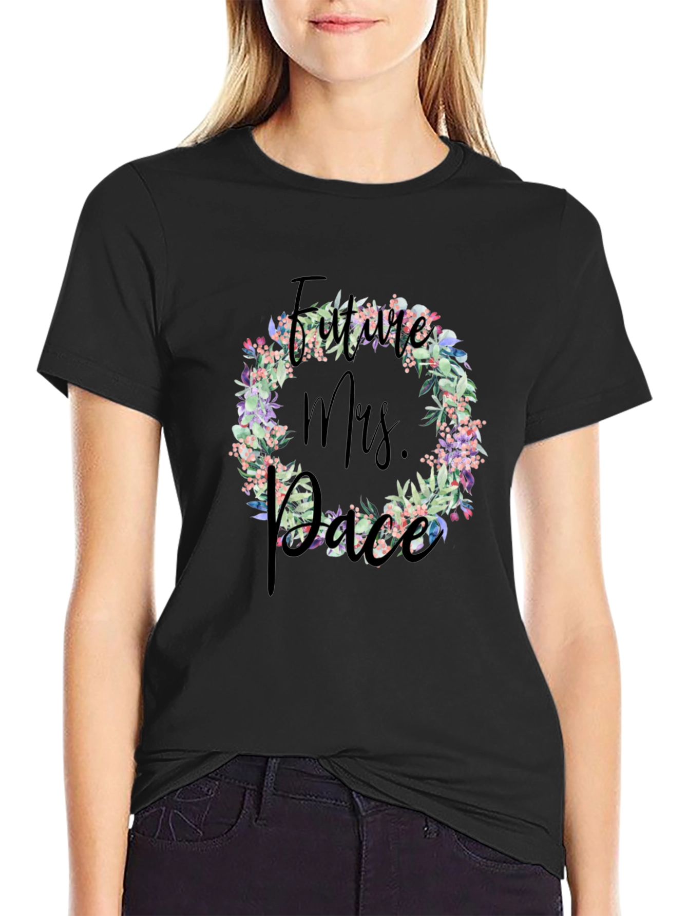 Future Mrs. Race Floral Wreath Black T-Shirt