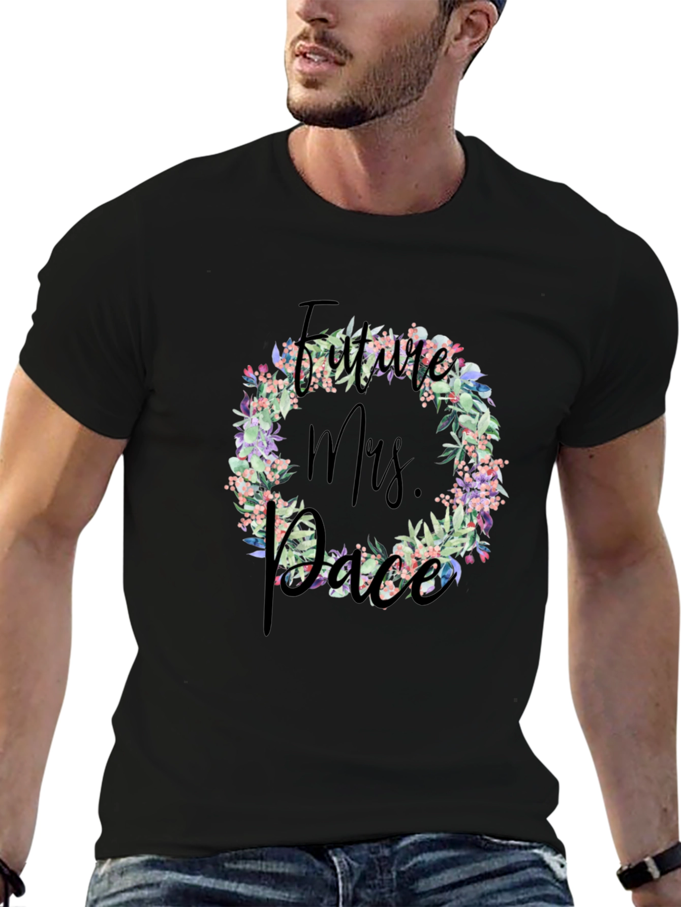 Future Mrs. Race Floral Wreath Black T-Shirt