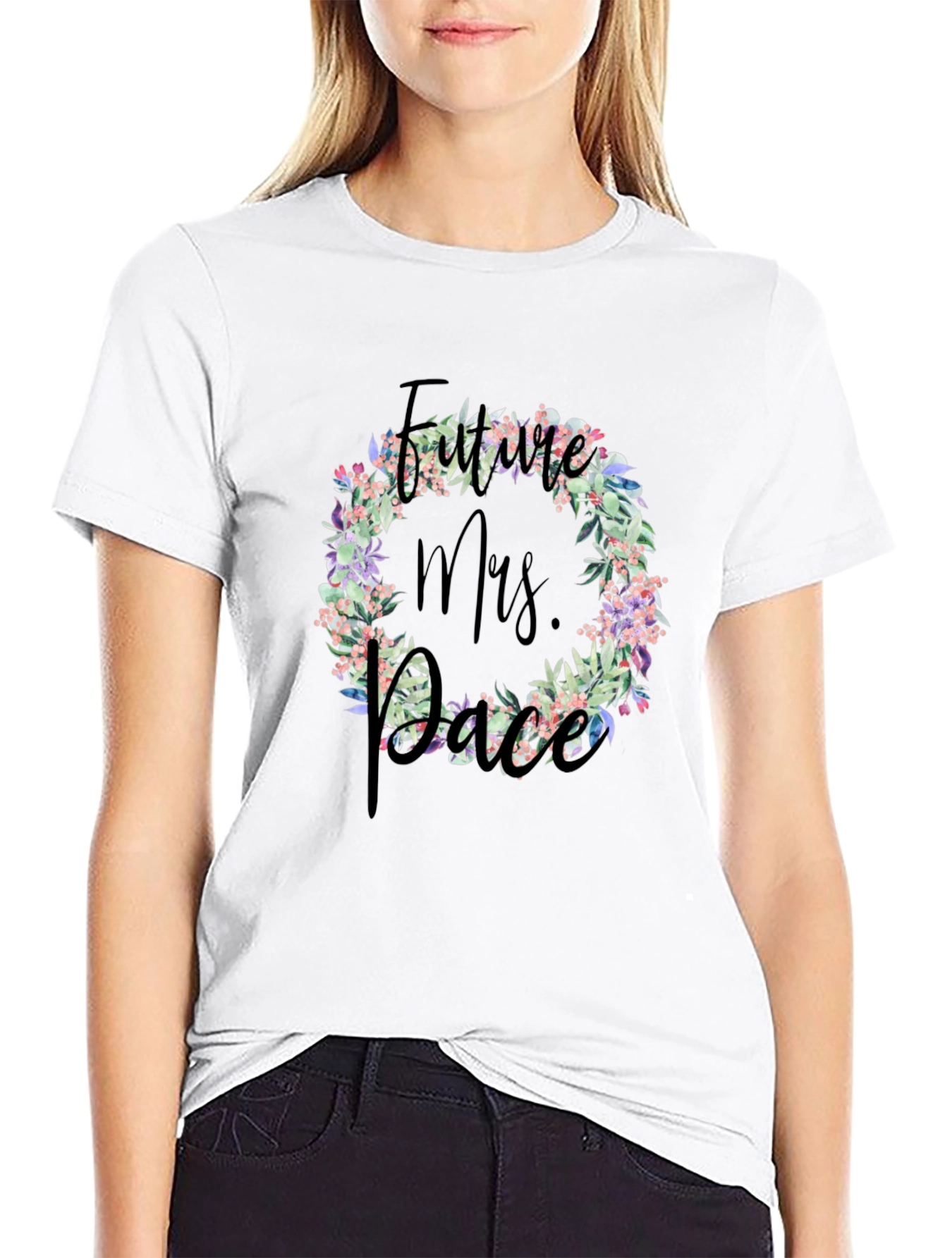 Future Mrs. Race Floral Wreath Black T-Shirt