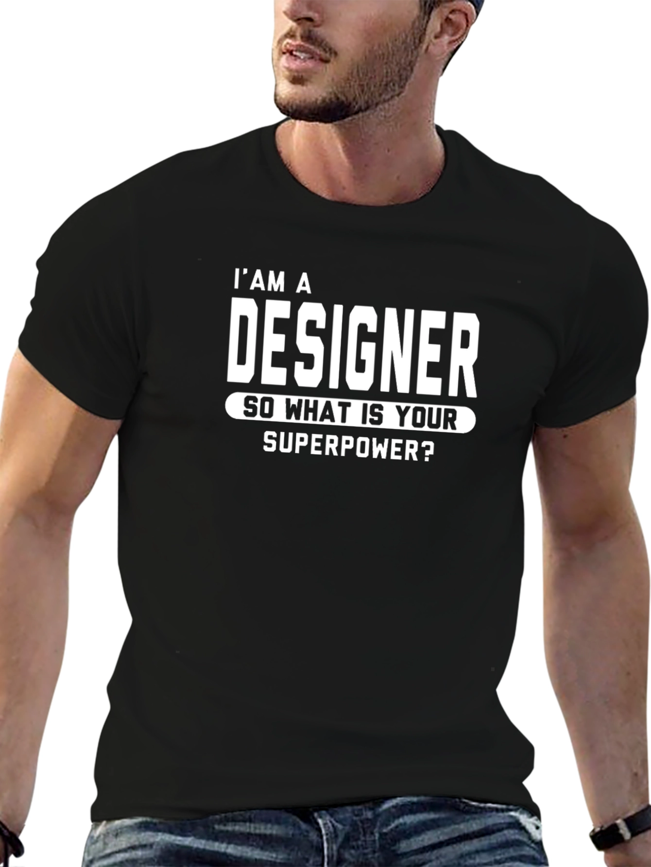 Designer Superpower Graphic Tee - Black Cotton Casual T-Shirt