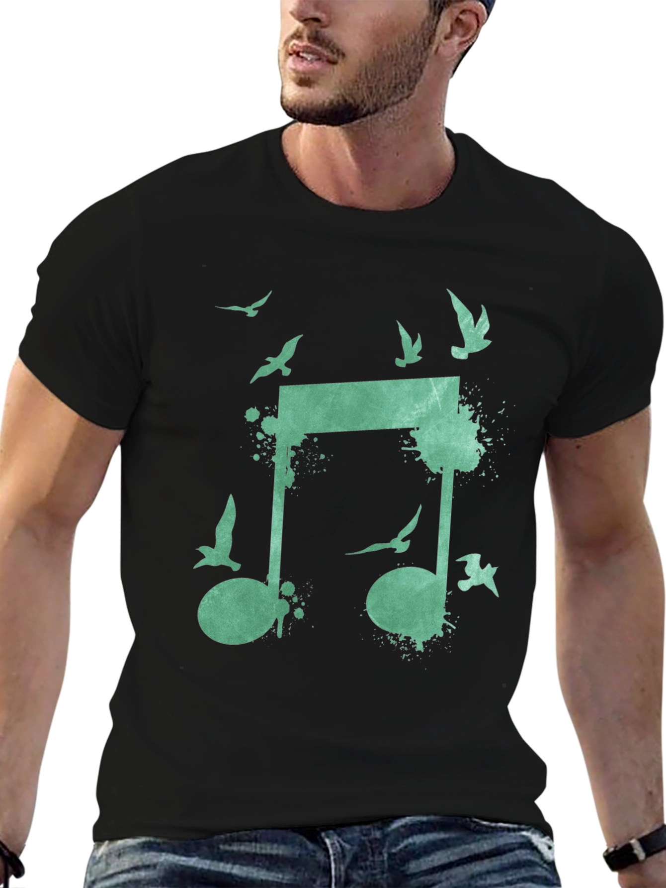 Musical Birds Graphic Tee - Black Cotton T-Shirt