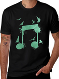 Musical Birds Graphic Tee - Black Cotton T-Shirt
