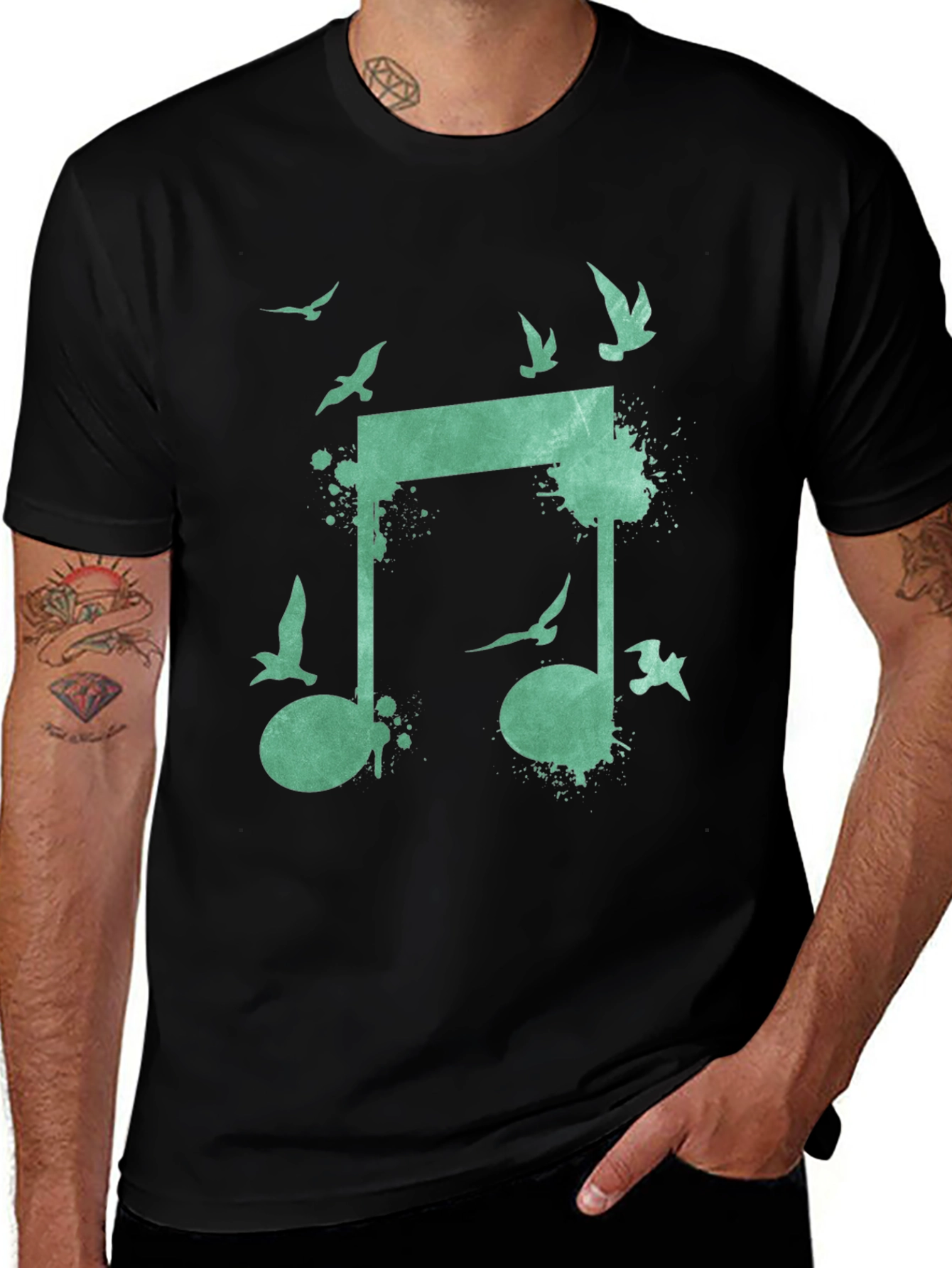 Musical Birds Graphic Tee - Black Cotton T-Shirt