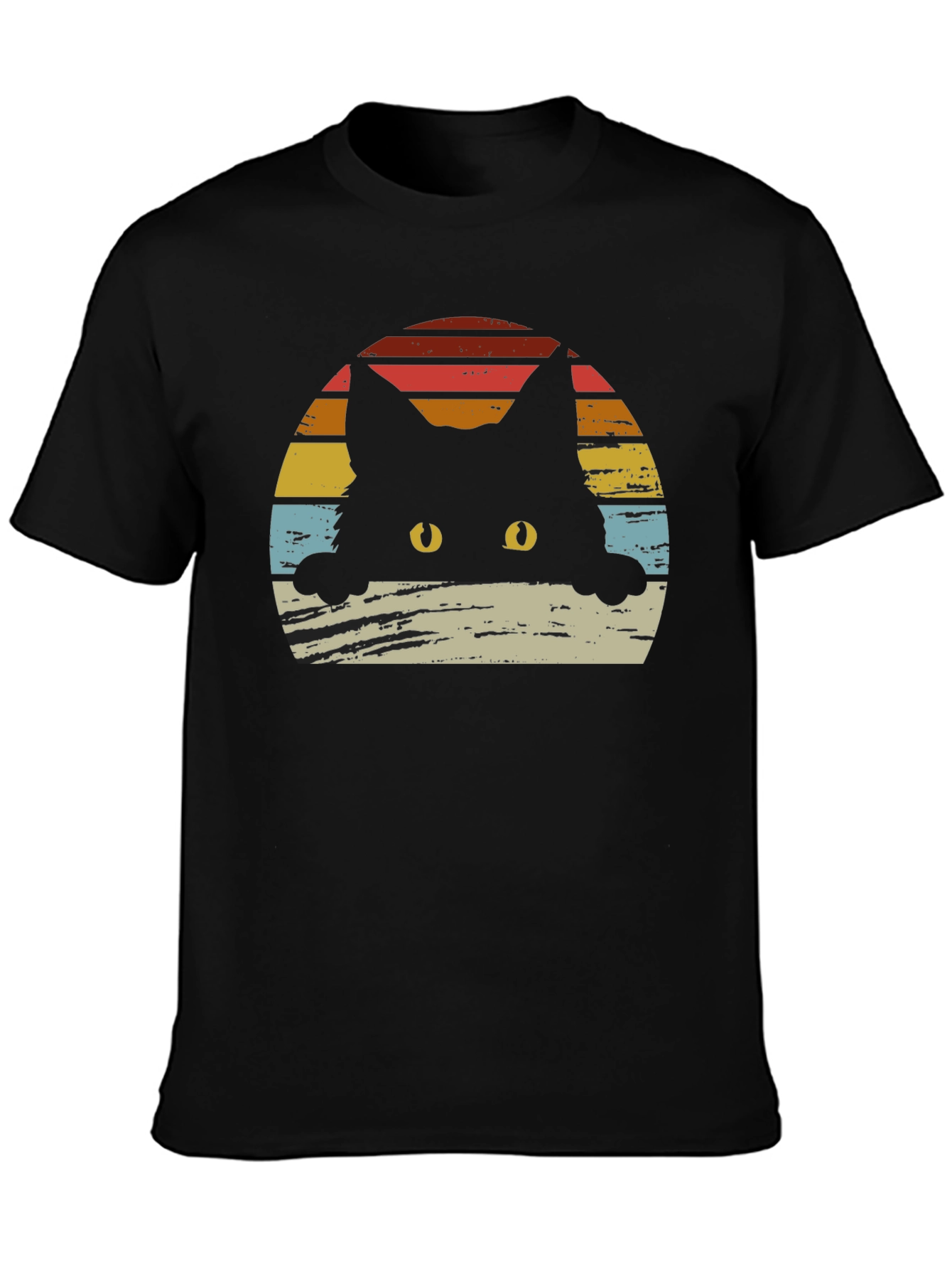Retro Cat Sunset Graphic Tee - Black Cotton Blend