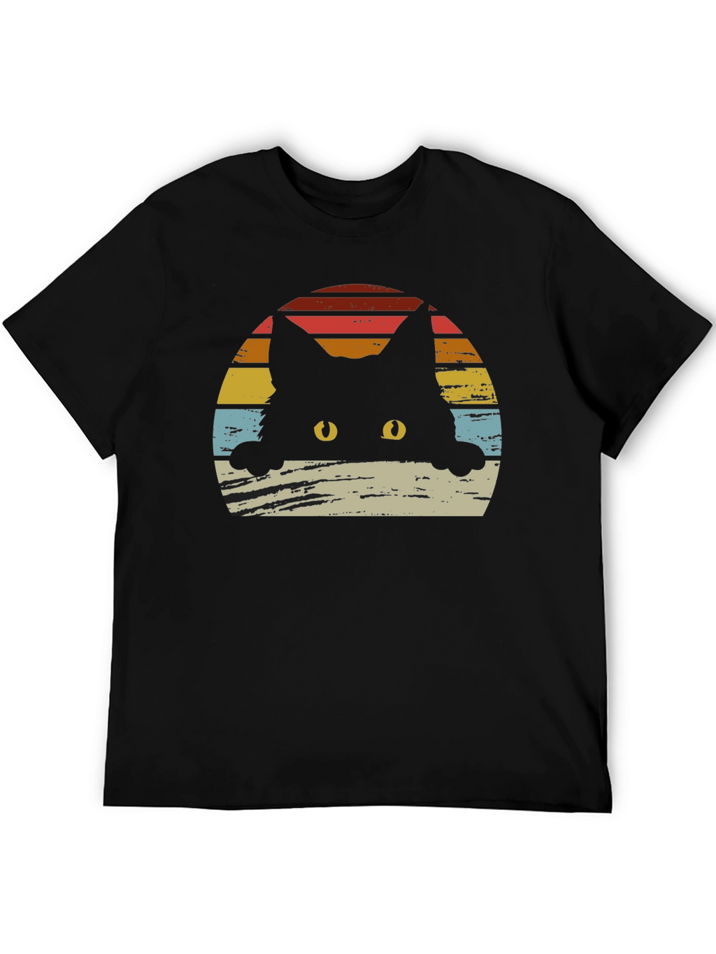 Retro Cat Sunset Graphic Tee - Black Cotton Blend