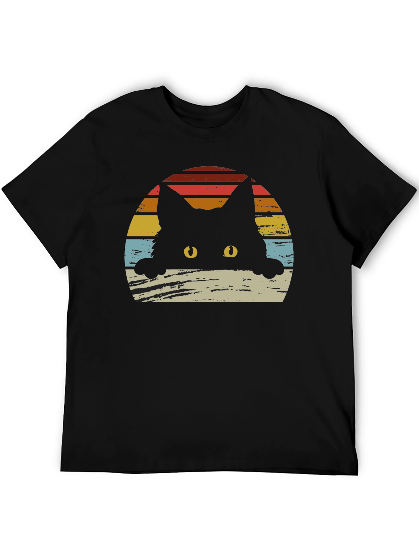Retro Cat Sunset Graphic Tee - Black Cotton Blend