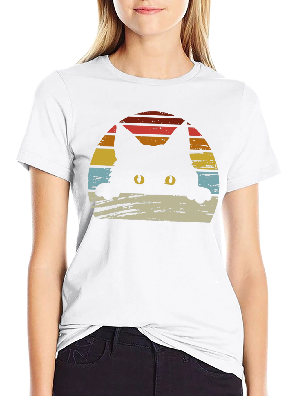 Retro Cat Sunset Graphic Tee - Black Cotton Blend