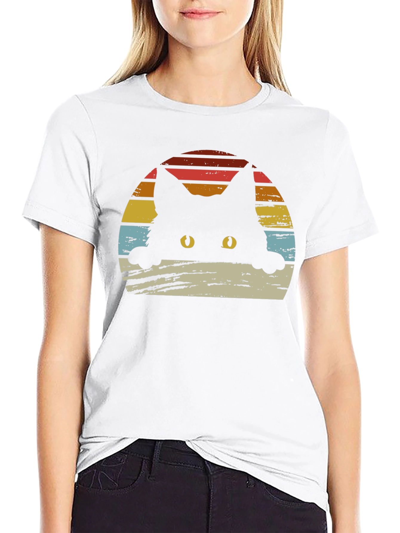 Retro Cat Sunset Graphic Tee - Black Cotton Blend