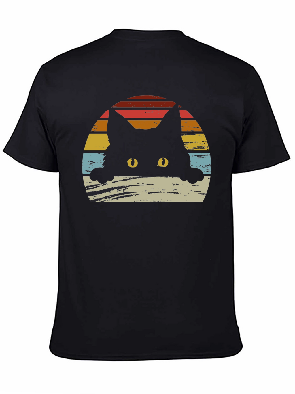 Retro Cat Sunset Graphic Tee - Black Cotton Blend