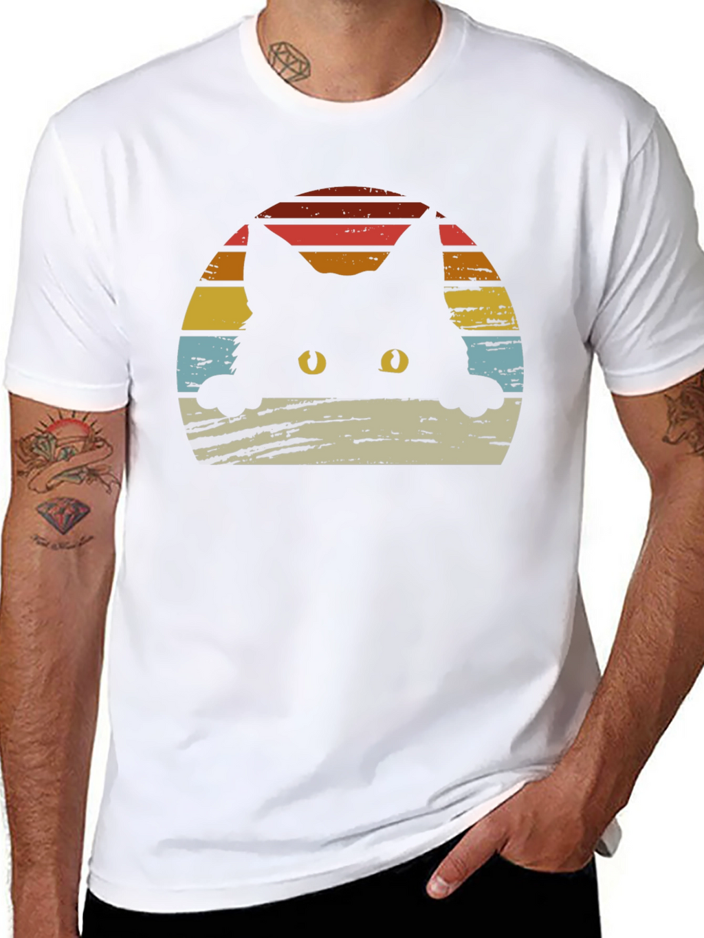 Retro Cat Sunset Graphic Tee - Black Cotton Blend
