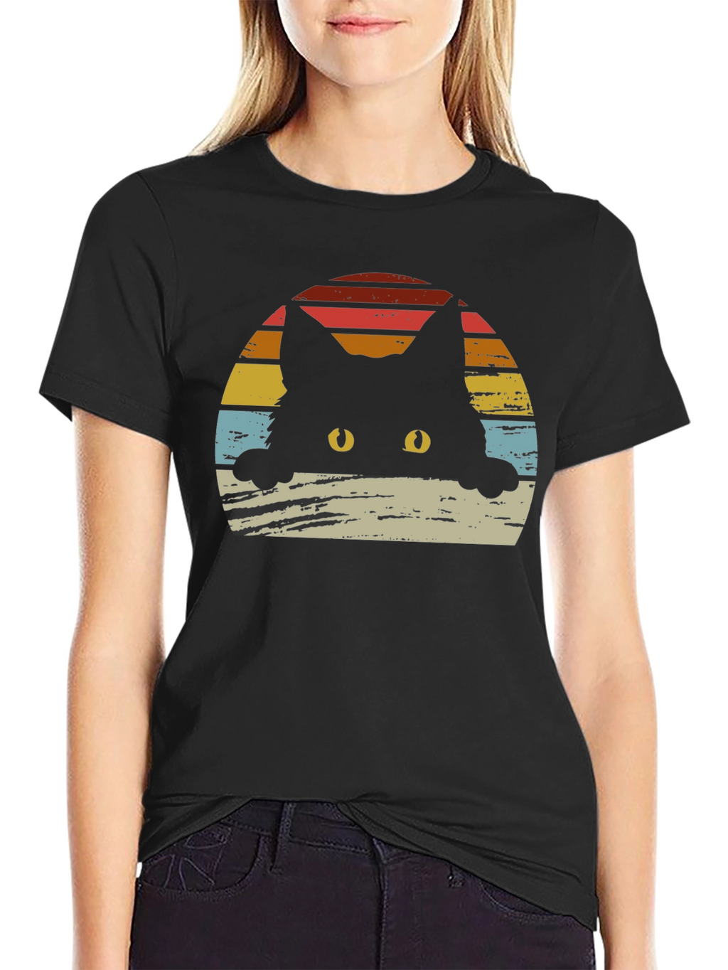 Retro Cat Sunset Graphic Tee - Black Cotton Blend