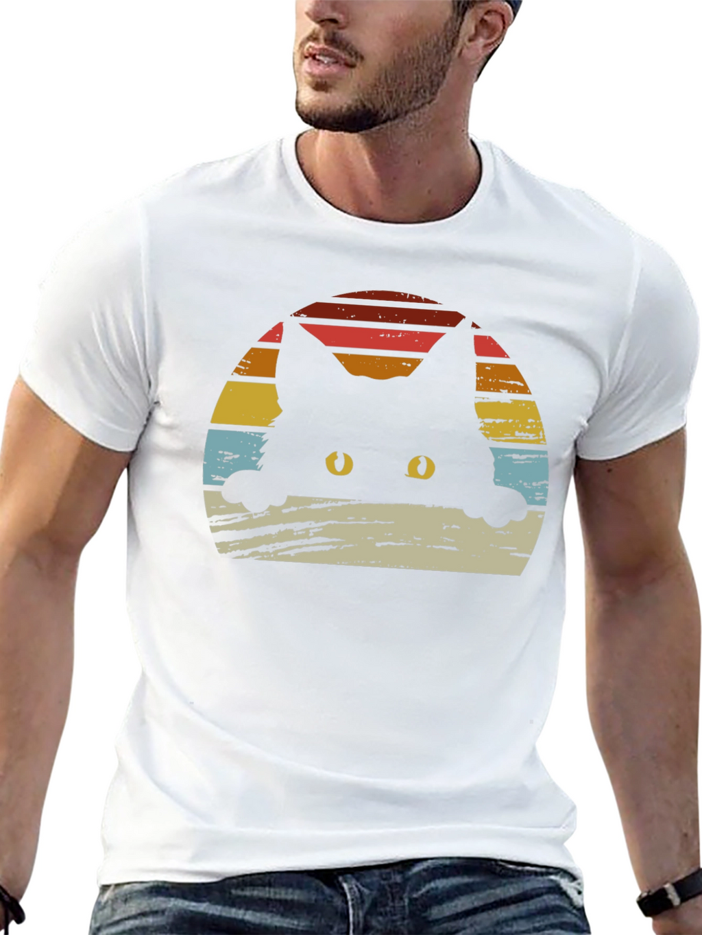 Retro Cat Sunset Graphic Tee - Black Cotton Blend