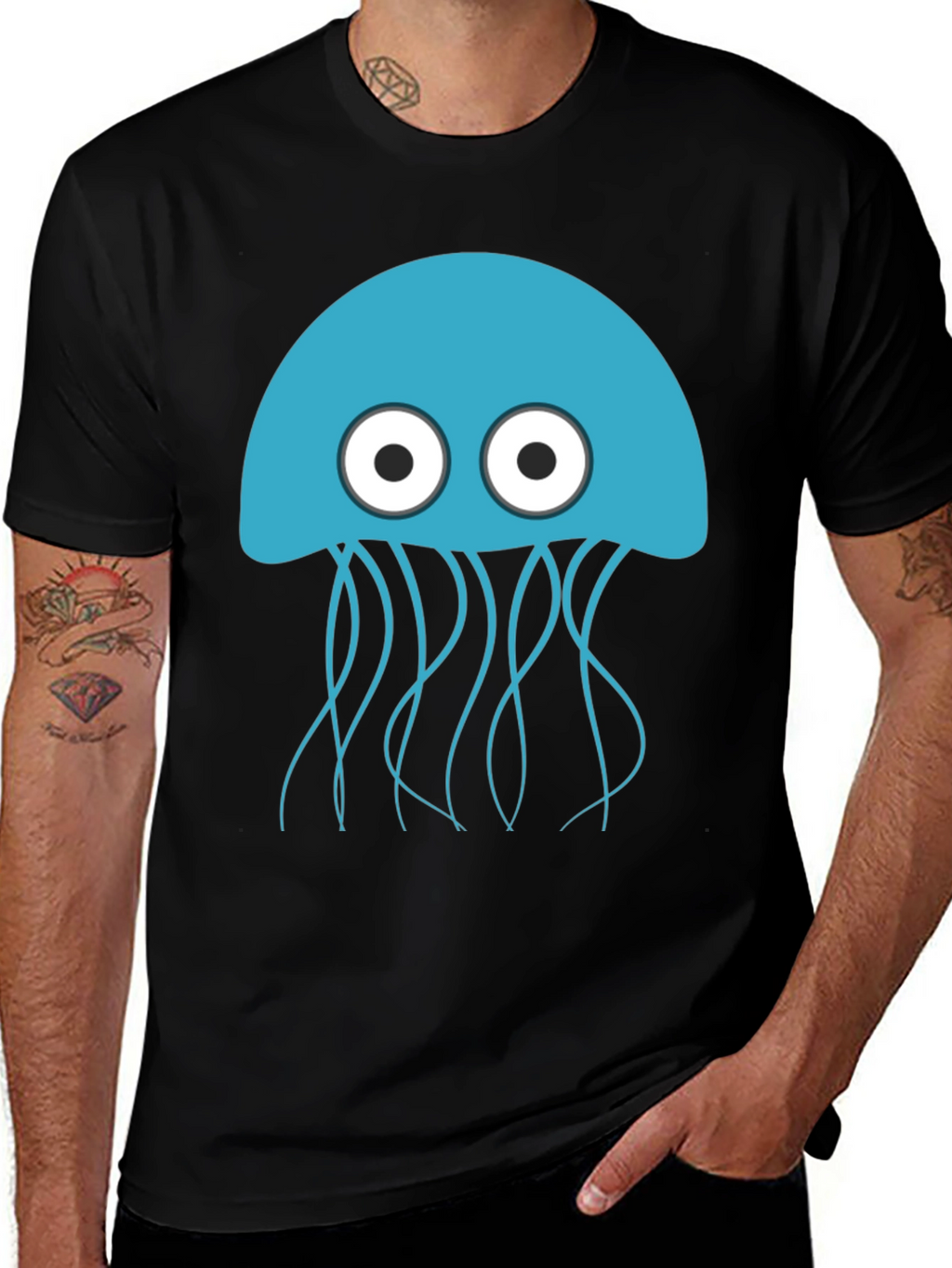 Blue Jellyfish Graphic Black T-Shirt - Mens Casual Wear