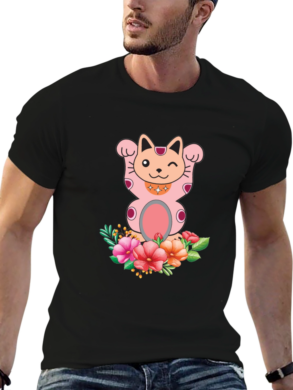 Lucky Cat Floral T-Shirt - Mens Graphic Tee