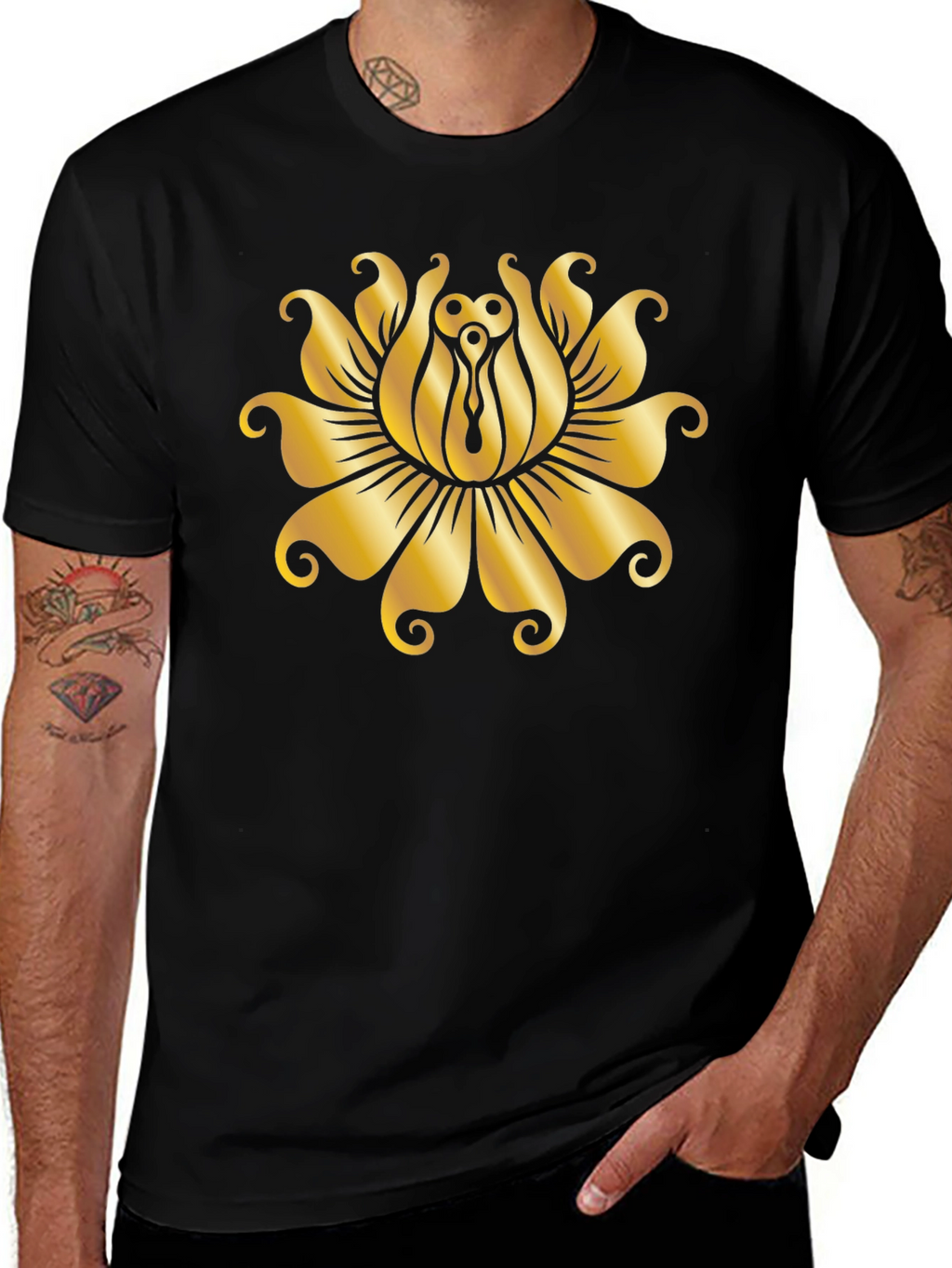 Golden Lotus Black T-Shirt - Unique Design