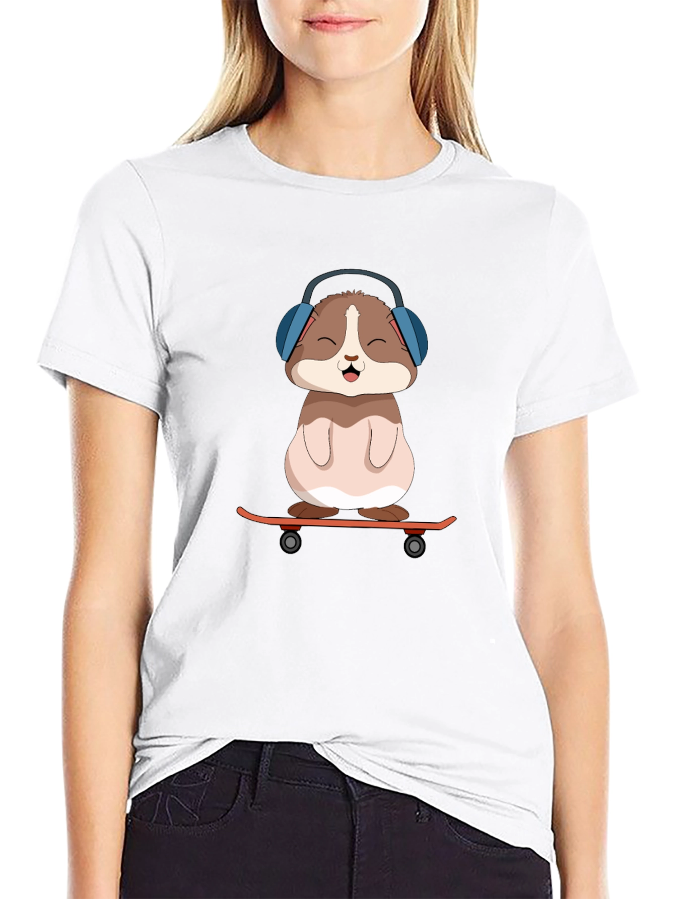 Cute Hamster Skateboard Graphic Tee - Black