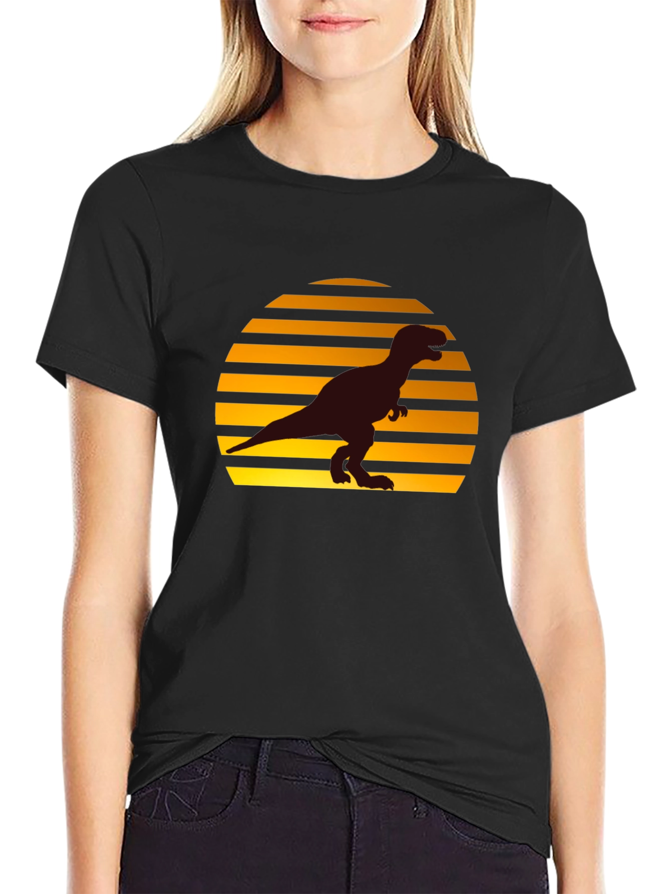 Retro Sunset T-Rex Graphic Tee - Black