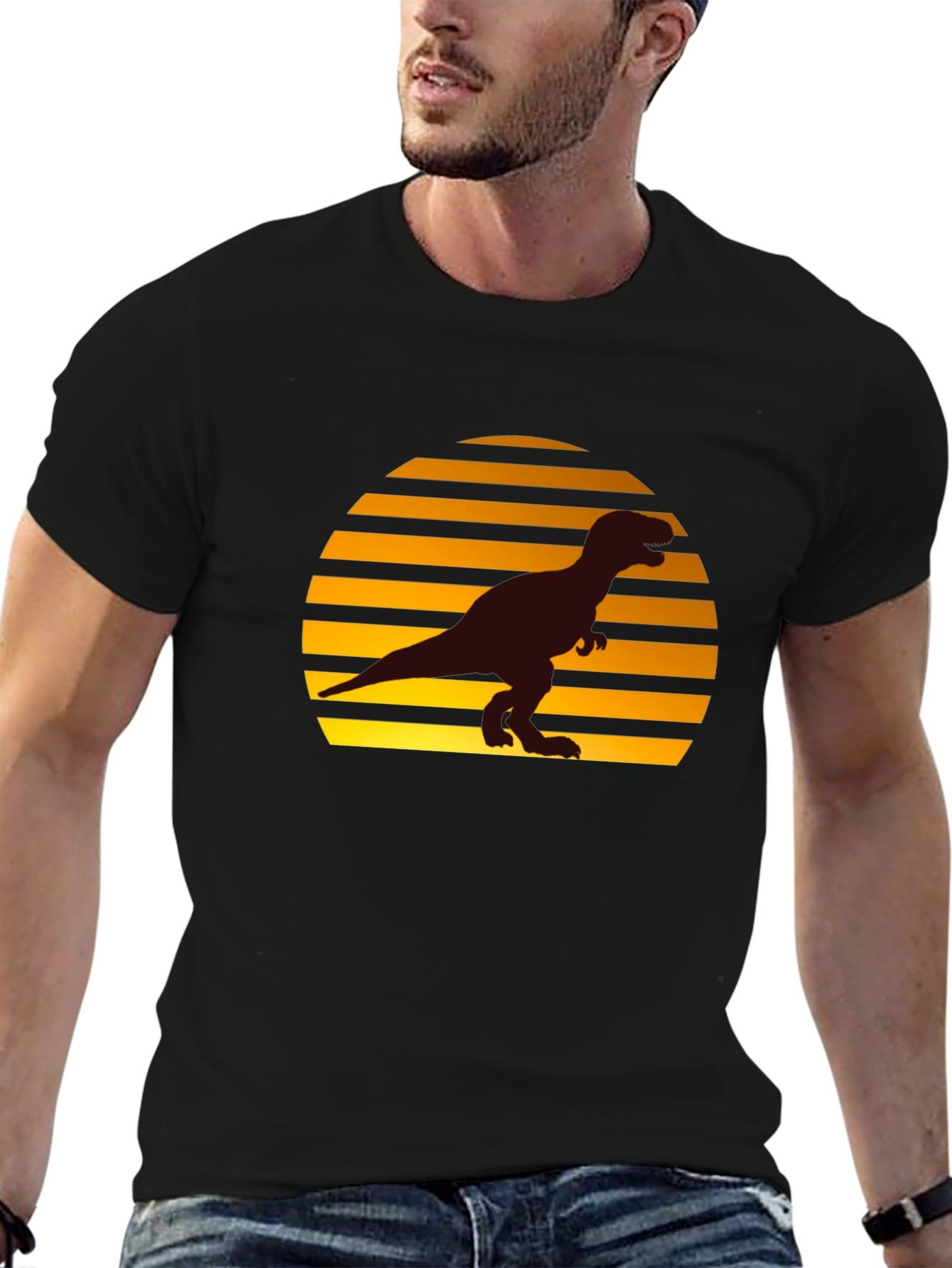 Retro Sunset T-Rex Graphic Tee - Black