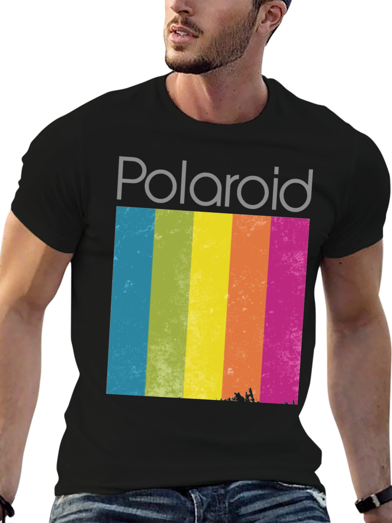 Vintage Polaroid T-Shirt - Retro Rainbow Stripe Tee