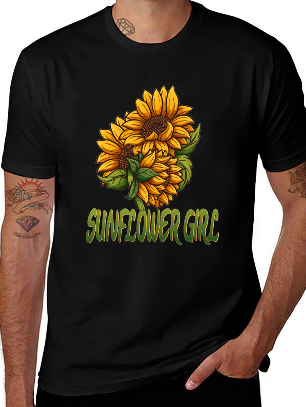 Sunflower Girl Graphic Tee - Black Cotton Casual T-Shirt