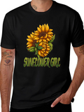 Sunflower Girl Graphic Tee - Black Cotton Casual T-Shirt