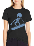 Skateboarding Alien Graphic T-Shirt - Black Cotton Tee