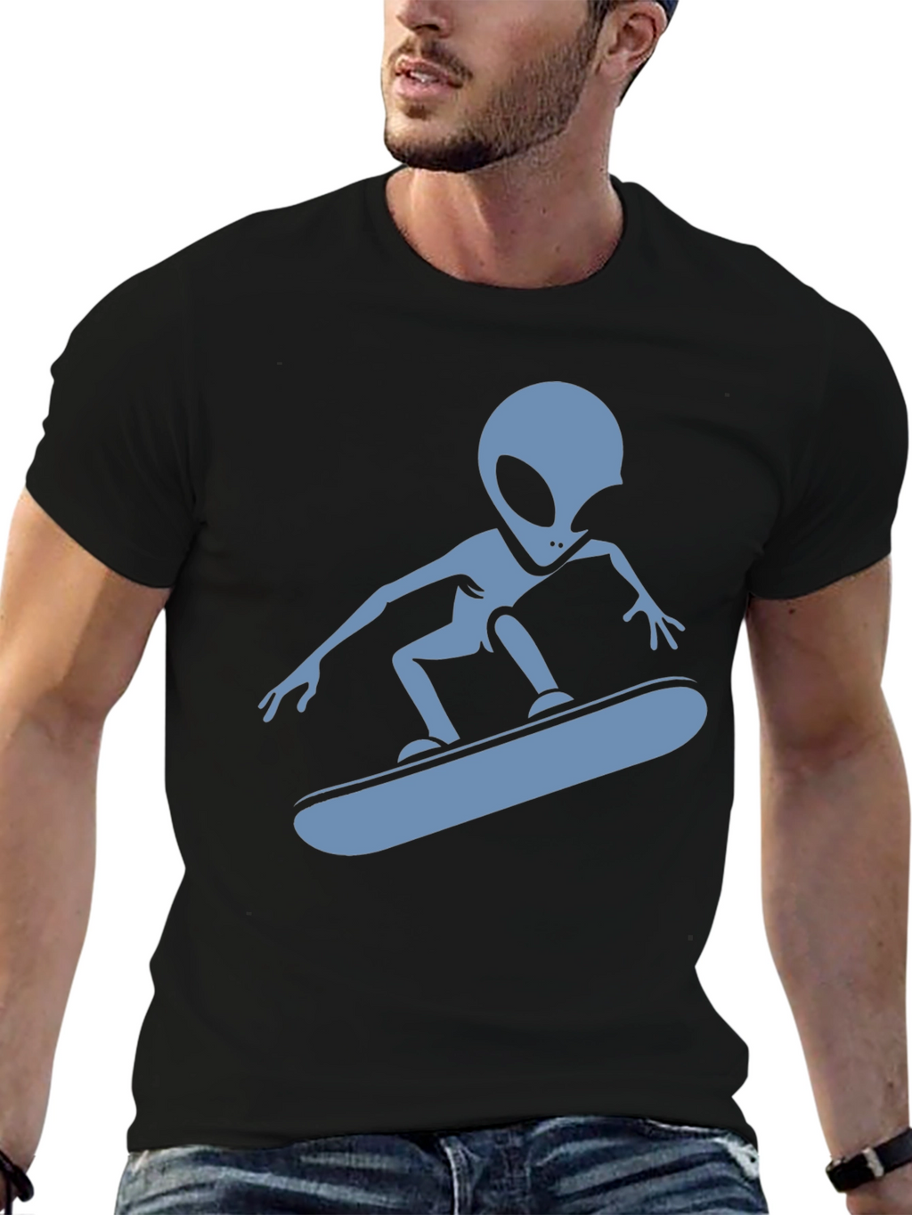 Skateboarding Alien Graphic T-Shirt - Black Cotton Tee