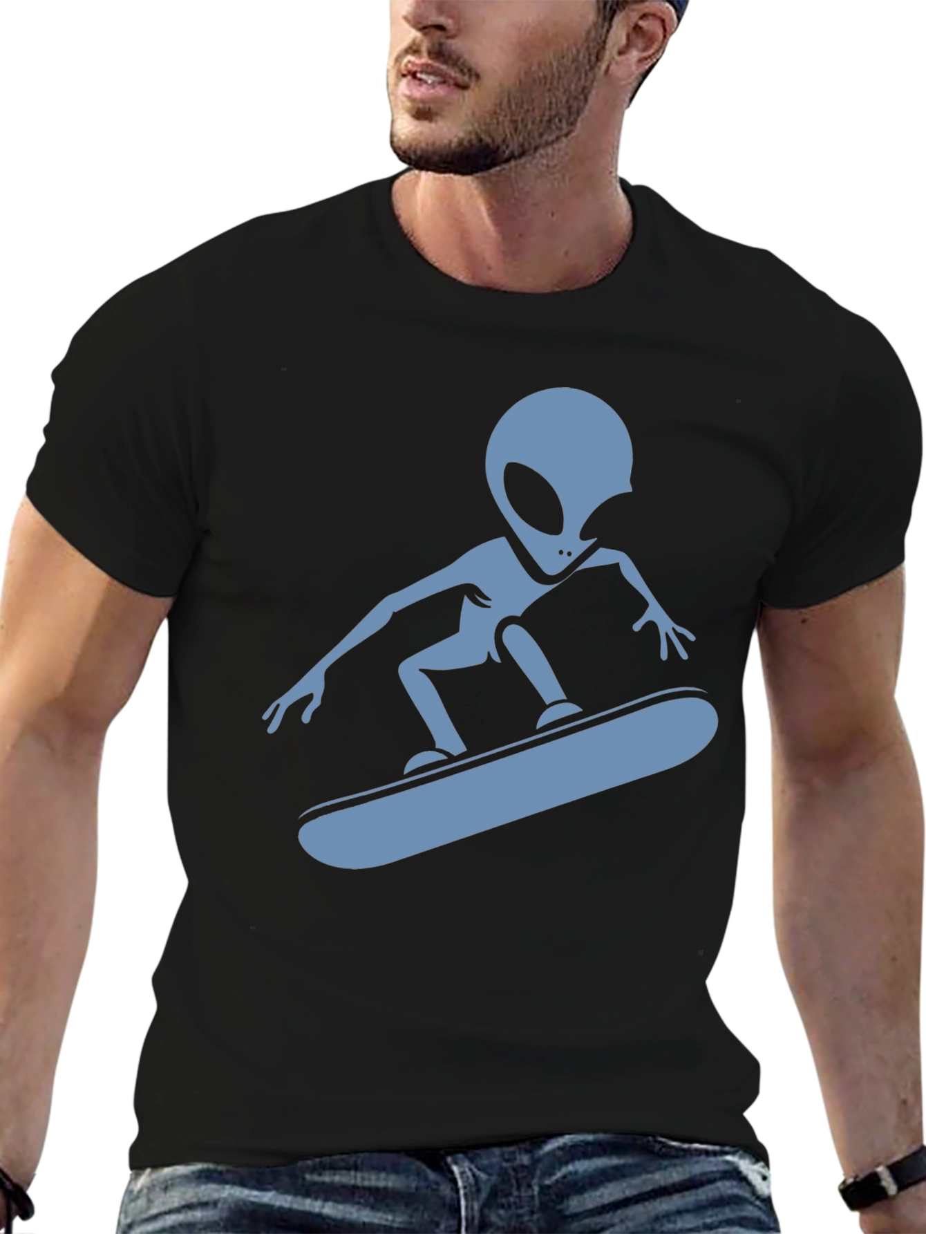 Skateboarding Alien Graphic T-Shirt - Black Cotton Tee