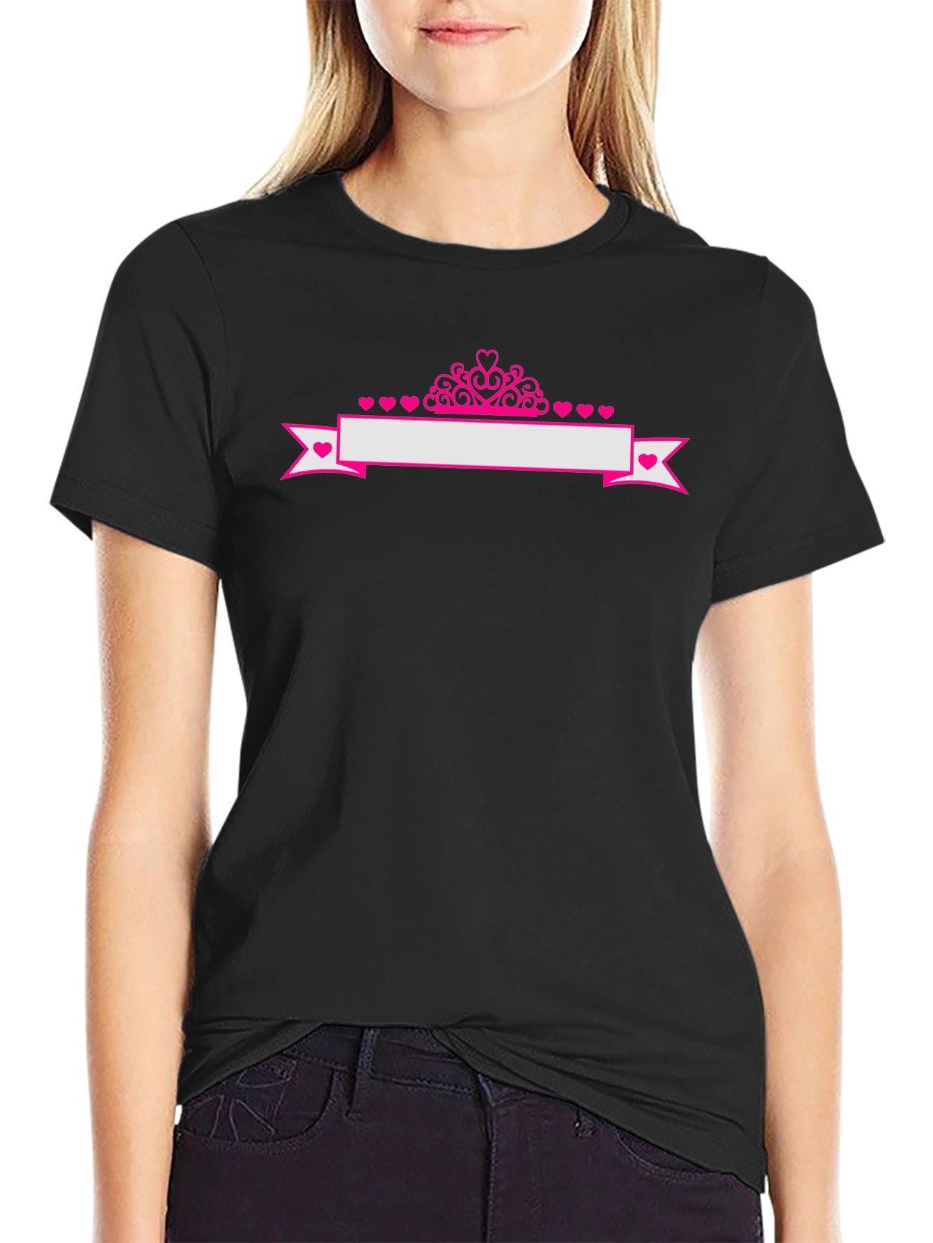 Princess Crown Heart Banner Tee - Black Cotton Shirt