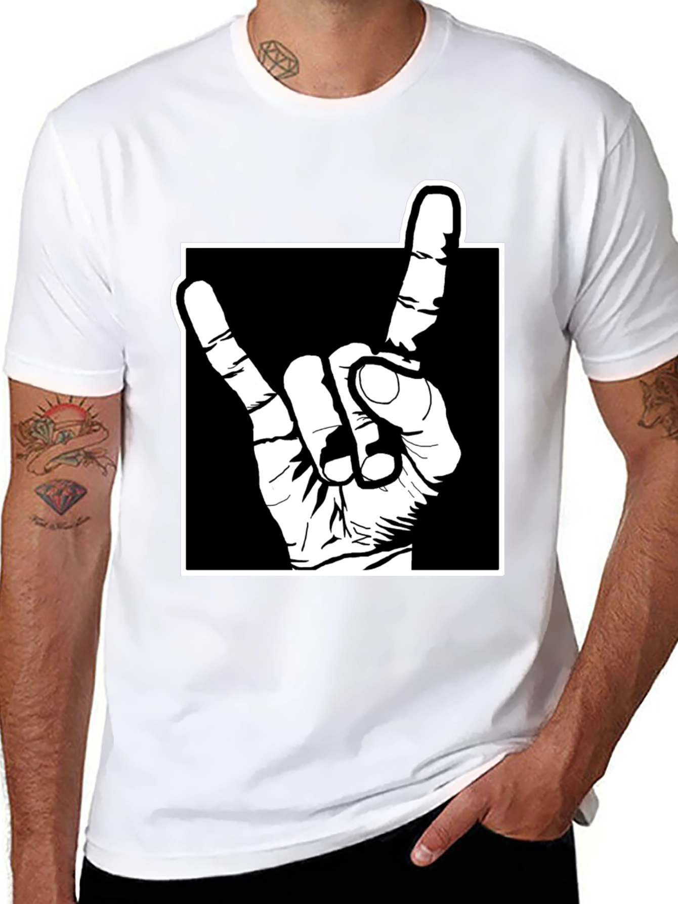 Rock On Hand Gesture Graphic Tee - Black