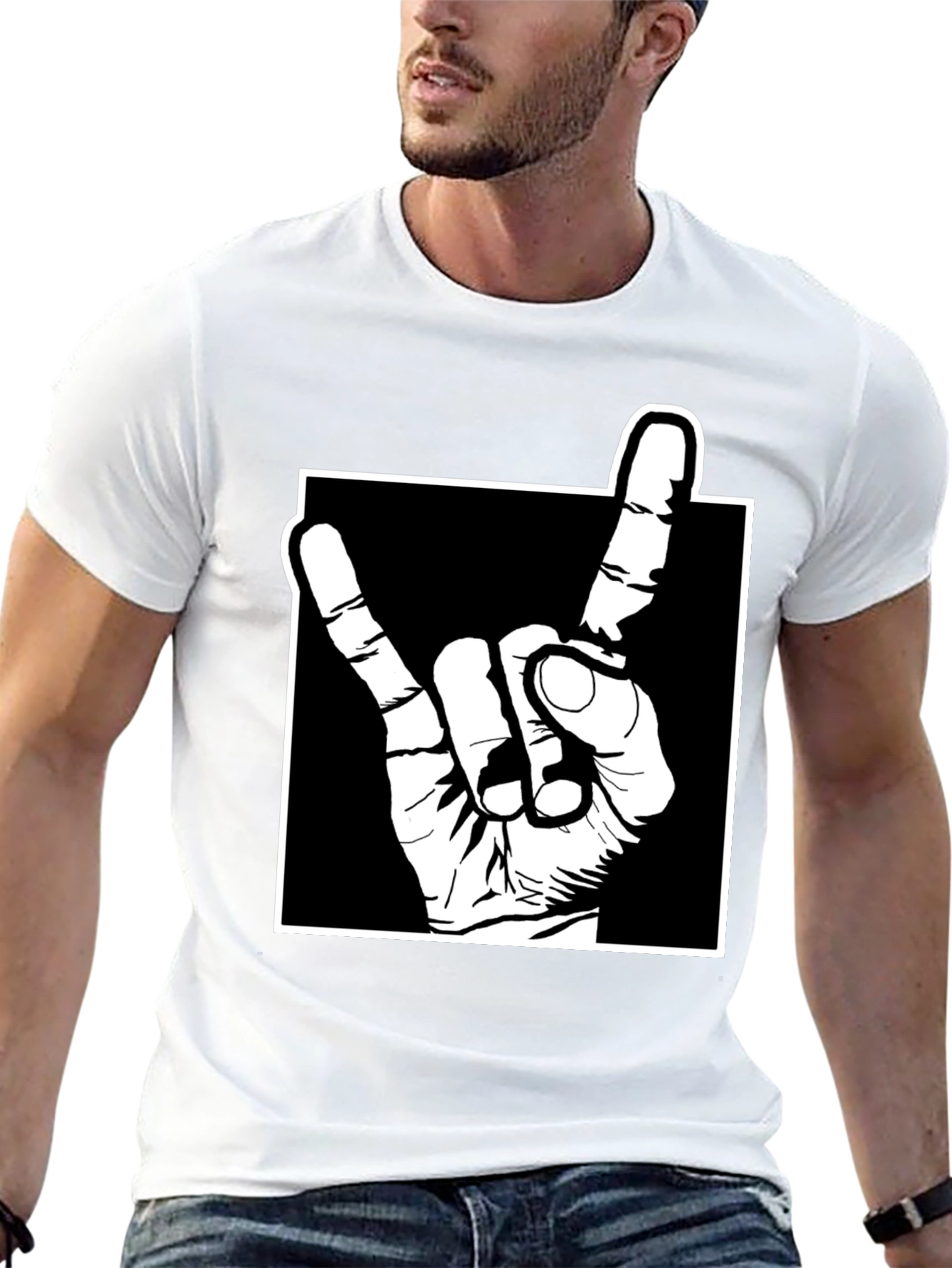 Rock On Hand Gesture Graphic Tee - Black