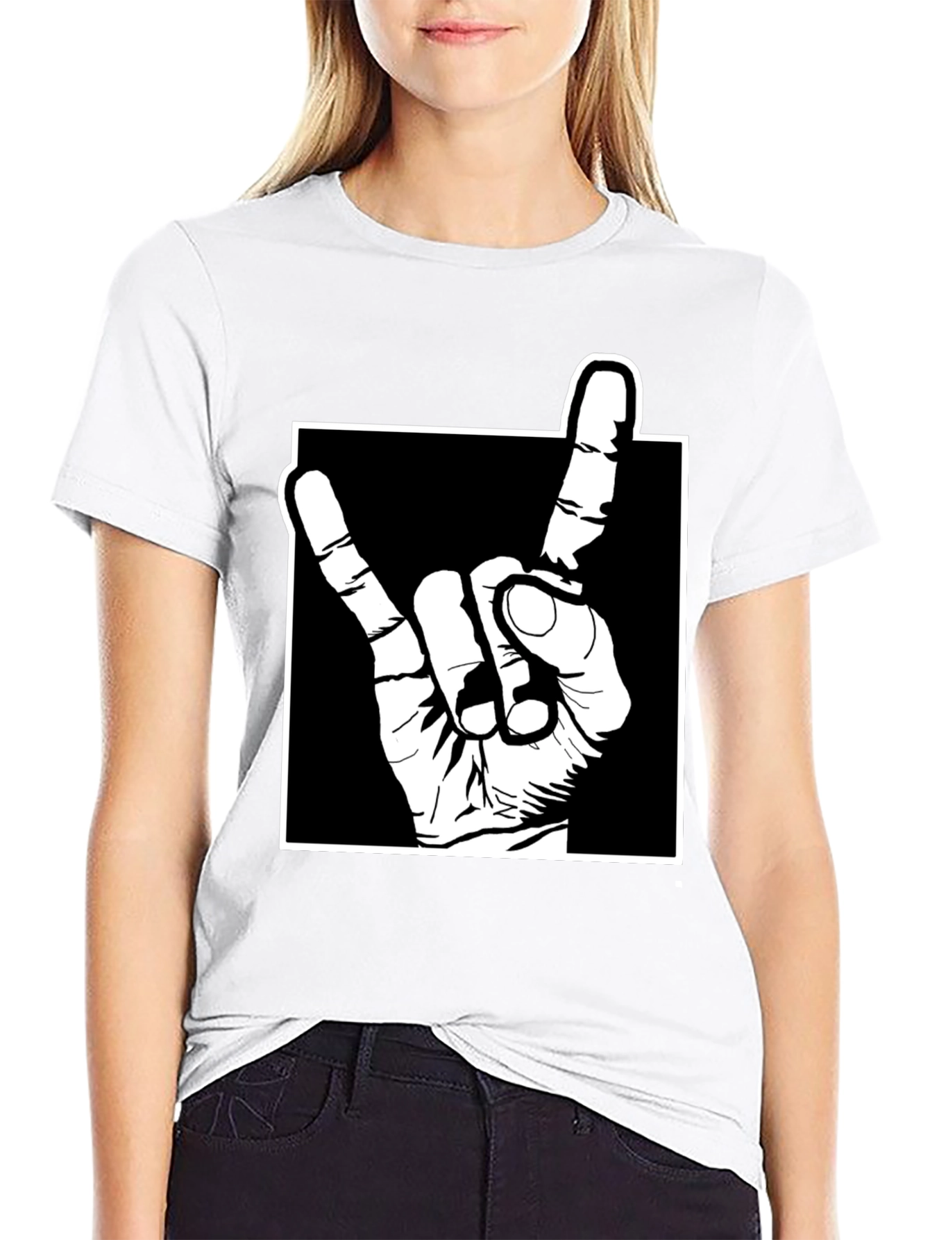 Rock On Hand Gesture Graphic Tee - Black