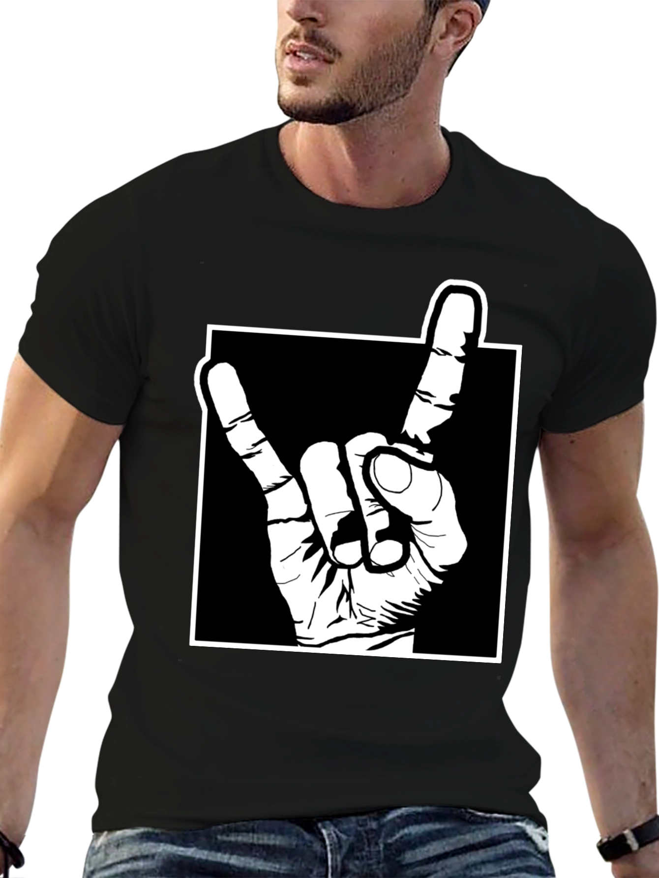 Rock On Hand Gesture Graphic Tee - Black