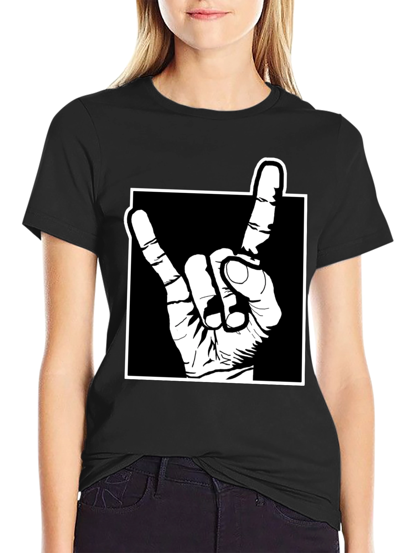 Rock On Hand Gesture Graphic Tee - Black
