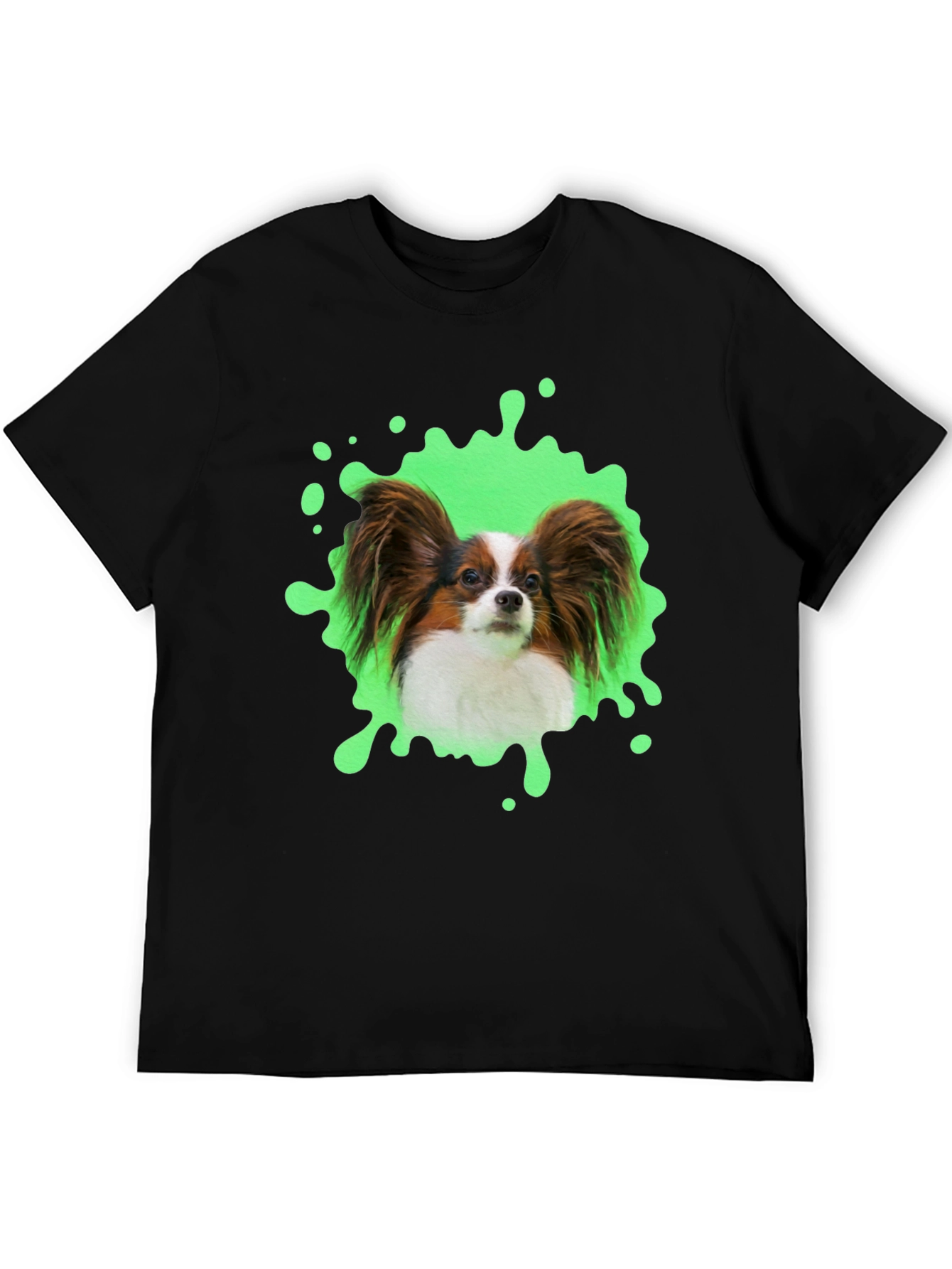 Papillon Dog T-Shirt: Funky Green Splatter Design