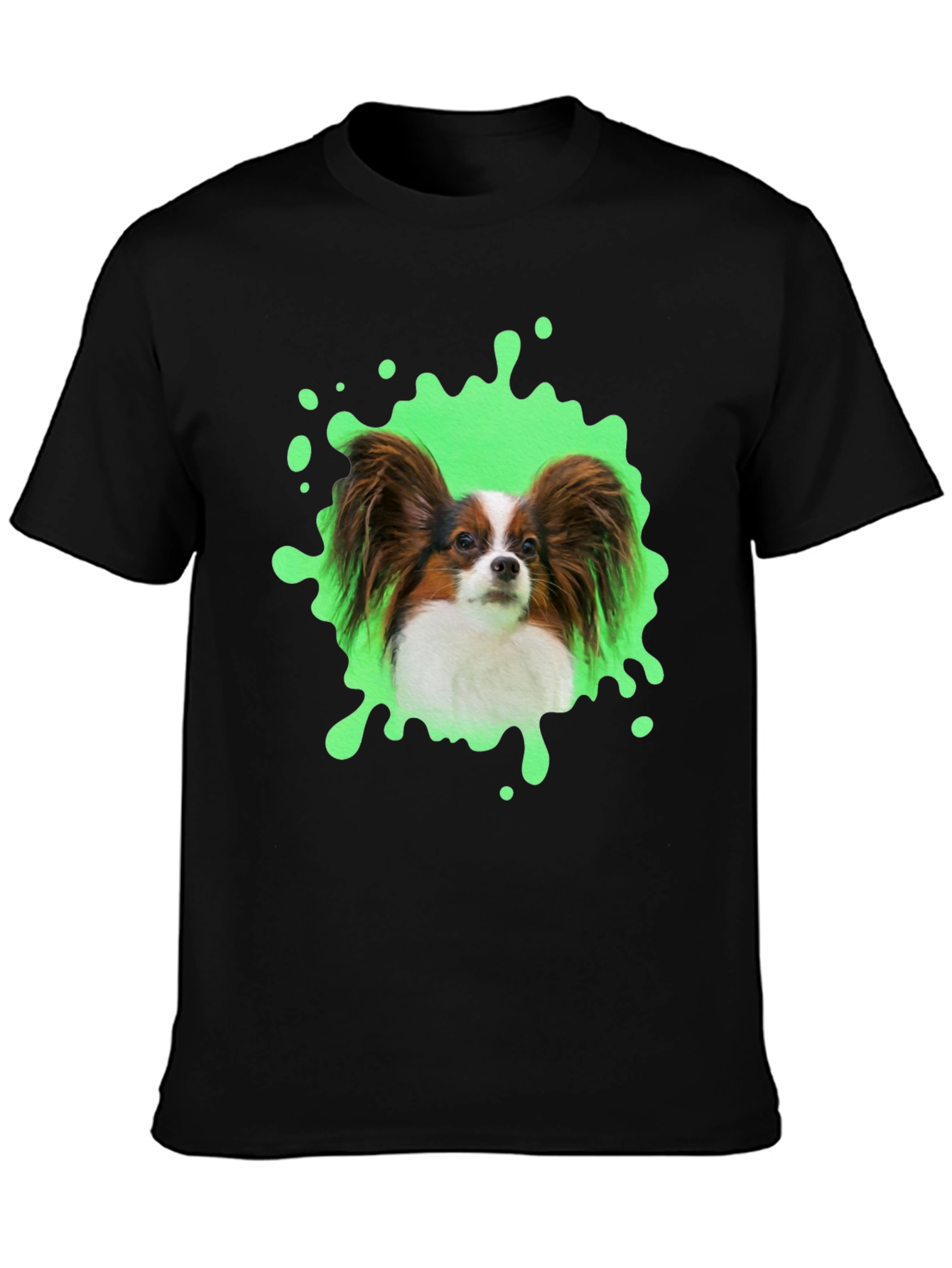 Papillon Dog T-Shirt: Funky Green Splatter Design
