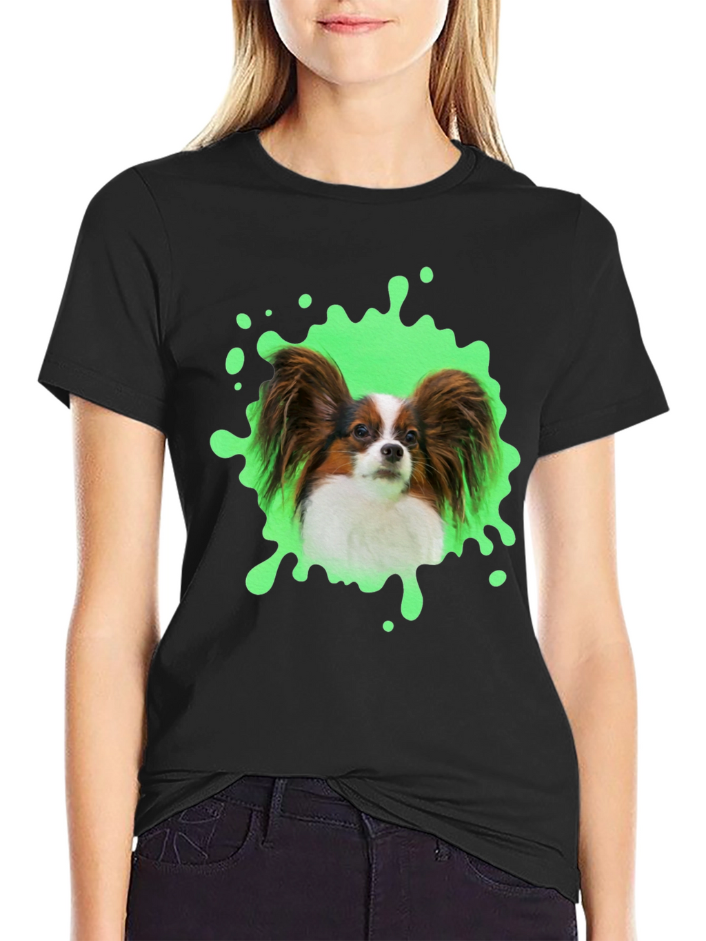 Papillon Dog T-Shirt: Funky Green Splatter Design