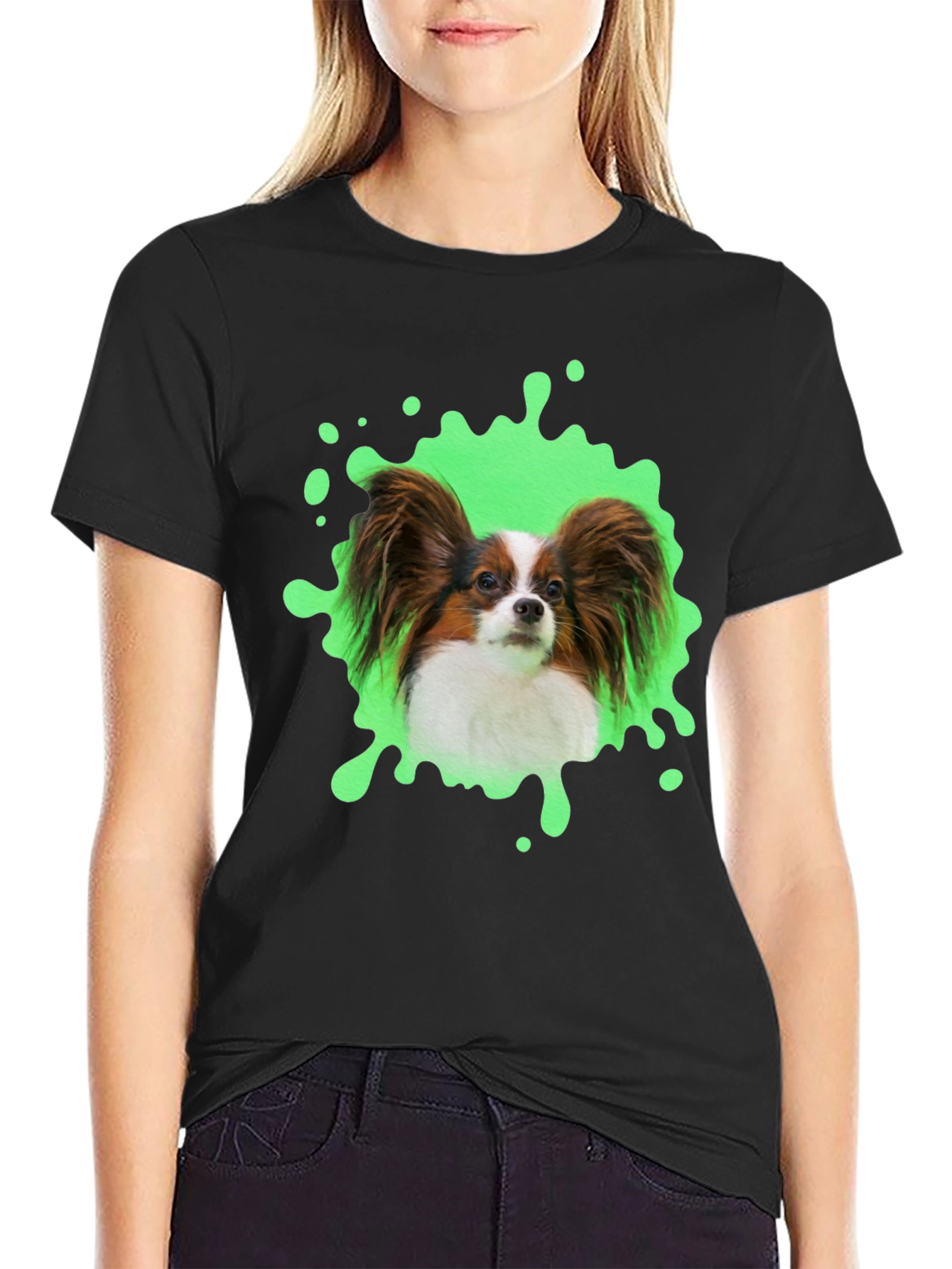 Papillon Dog T-Shirt: Funky Green Splatter Design