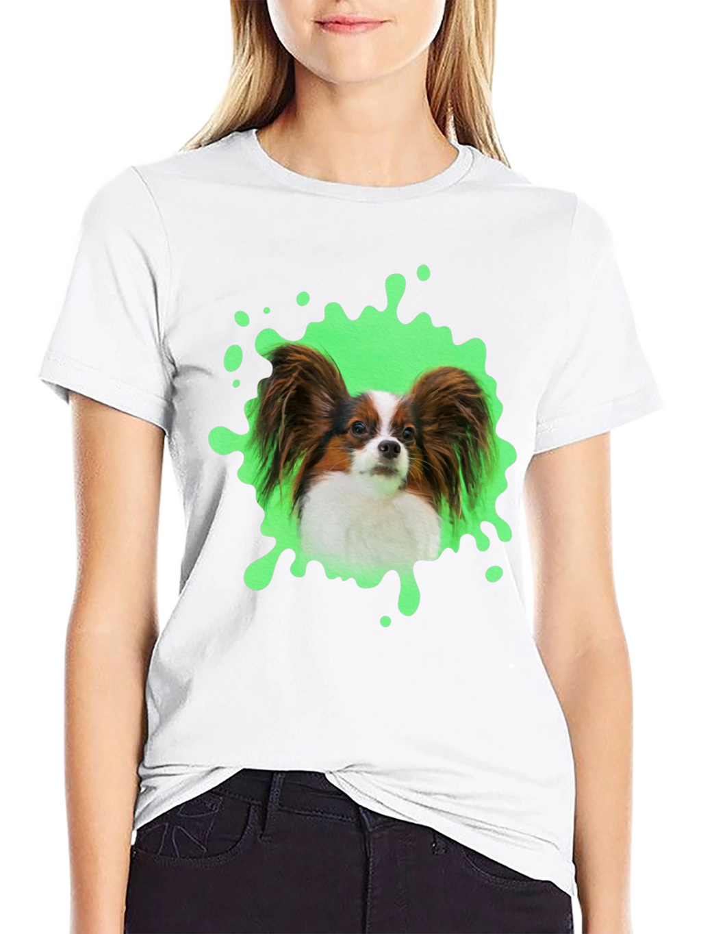 Papillon Dog T-Shirt: Funky Green Splatter Design